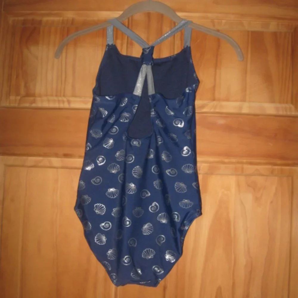 5/$30 Girls SO Navy Blue with Silver Seashells One Piece Swimsuit